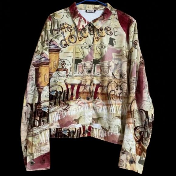 Vintage & Rare Impulse USA Women’s Multi “caffe dolce” Print Shirt Jacket Sz-XL